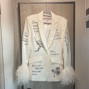 Cinq à Sept Cream Blazer with Feather Cuffs and Script Design